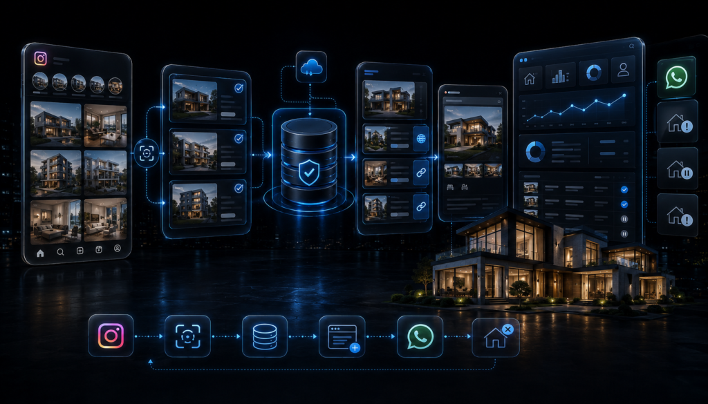 Fluxo de automação que encontra imóveis novos no Instagram, busca o link no site da imobiliária via API e monta o anúncio com baixa automática